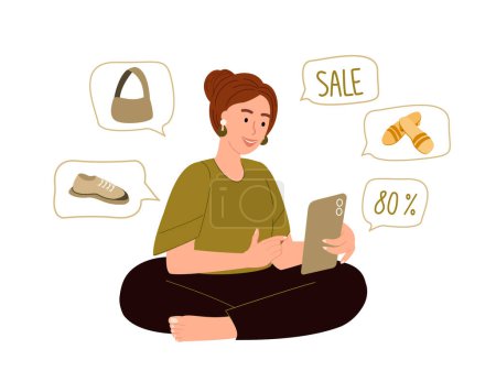 Illustration for Woman doing shopping online with mobile phone, buying clothes on sale.Customer buyer using smartphone, making purchases through internet at home. Flat vector illustration isolated on white background - Royalty Free Image