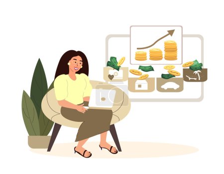 Illustration for Woman learning online how to deal with money.Financial concept of budget planning,diversification,money expenses distribution.Savings,personal finance management.Flat vector illustration isolated - Royalty Free Image