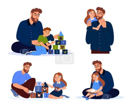 Illustration for Set of Father and Child activities.Happy Smiling Dad Playing with Kid.Father,Dad Spend time with Kids, Girls and Son.Father in Decree with Children.Have Fun Together.Flat Vector Illustration Isolated - Royalty Free Image