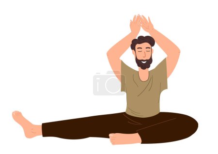 Illustration for Young Male Character Stretching,Realxing in Engage Yoga Practice Isolated on White Background.Man Calmimg, Meditating,Practising Asana.Pilates Workout,Training Class.Cartoon People Vector Illustration - Royalty Free Image