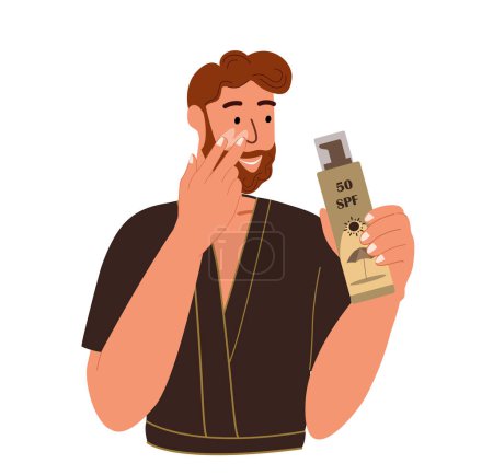 Illustration for Attractive Man Apply SPF protective cream.Male face caring routine.Sunscreen Products Sunblocks.Anti-UV Cream,Lotions.Man use Skin protection lotion.Flat Vector illustration isolated,white background - Royalty Free Image