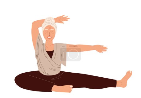 Illustration for Aged Female Character Realxing in Engage Yoga Practice Isolated, White Background.Retired Elderly Relaxed Woman stretching Meditating.Pilates Workout,Training Class.Cartoon People Vector Illustration - Royalty Free Image