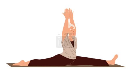 Illustration for Aged Female Character Stretching,do the leg-split,Realxing in Engage Yoga Practice Isolated.Elderly Woman with flexible body and elastic muscles.Leg-split,Calmimg, Meditating.Flat Vector Illustration - Royalty Free Image