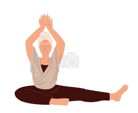 Ilustración de Estiramiento del carácter femenino envejecido, realce con las manos levantadas.Mujer jubilada practicando yoga aislada, fondo blanco.Mujer meditando, practicando.Pilates, clase de entrenamiento.Ilustración de vectores planos - Imagen libre de derechos