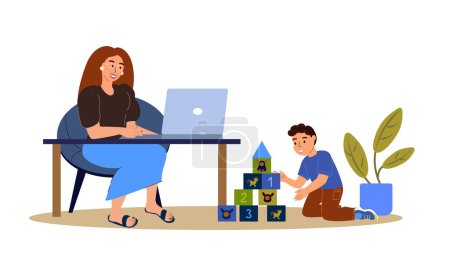Illustration for Young Businesswoman Mother Freelancer Working Remotely on Laptop at Home.Business woman on Laptop in Child Care Decree and maternity leave.Mom Study on Seminar Conference.Flat Vector Illustration - Royalty Free Image