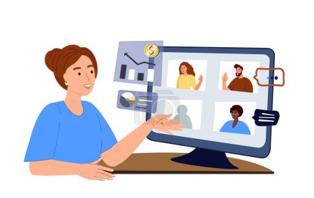 Illustration for Young Business woman leading planning meeting with team online.Financial business videocall with colleagues in zoom.Manager Freelancer Working Remotely .Seminar Conference.Flat Vector Illustration - Royalty Free Image