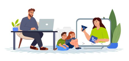 Illustration for Young Business man working.Online Babysitter playing with kids.Father Freelancer Working Remotely on Laptop at Home.Business man in Child Care Decree.Dad Study Seminar Conference.Vector Illustration - Royalty Free Image