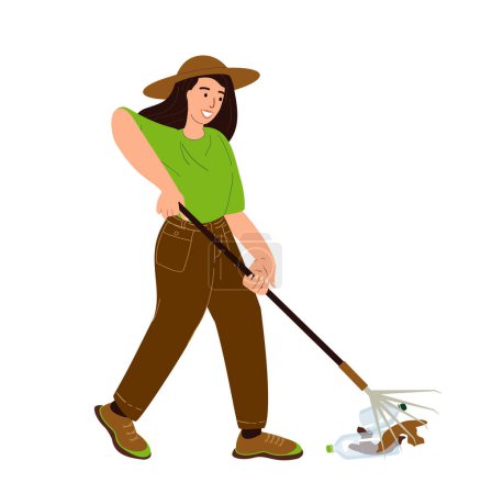 Illustration for Young woman raking litter with raker.Female Volunteer cleaning environment from plastic garbage.Eco-activist working.Nature cleanup concept. flat vector illustration isolated on white background - Royalty Free Image