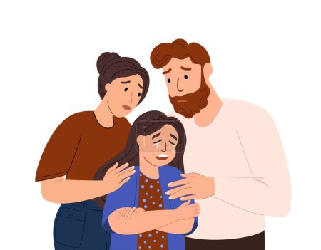 Family support, care concept. Mother, father comforting crying sad daughter. Supportive parents, teenager child helping each other in difficulty. Flat vector illustration isolated on white background