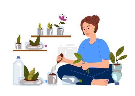 Illustration for Gardener Woman Upcycling plastic bottles cutting utilized jar to plant seedling and flowers.Wasteless Concept..Illustration of recycling and reutilization. Reducing waste. Flat vector illustration. - Royalty Free Image