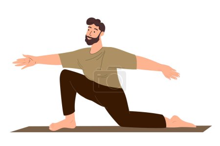 Illustration for Young Male Character Stretching,standing on knee,Realxing in Engage Yoga Practice Isolated on white background.Man Calmimg,Meditating,Practising Asana.Training Class.Cartoon People Vector Illustration - Royalty Free Image