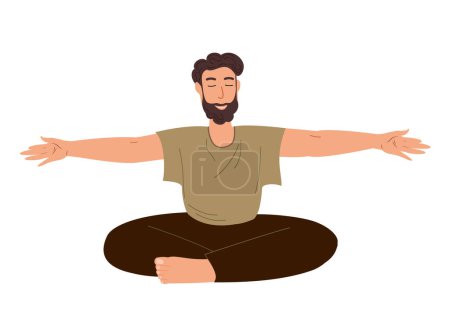 Illustration for Young Male Character Stretching,Realxing in Engage Yoga Practice Isolated on White Background.Man Calmimg, Meditating,Practising Asana.Pilates Workout,Training Class.Cartoon People Vector Illustration - Royalty Free Image
