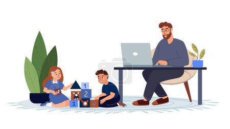 Illustration for Young Business man in maternity leave with kids.Father Freelancer Working Remotely on Laptop at Home.Business man on Laptop in Child Care Decree.Dad Study Seminar Conference.Flat Vector Illustration - Royalty Free Image