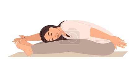 Illustration for Young female Character do Sport and Stretching to the feets,Realxing in Engage Yoga Practice Isolated on white background.Female Calmimg,Practising Meditation.Training Class.People Vector Illustration - Royalty Free Image