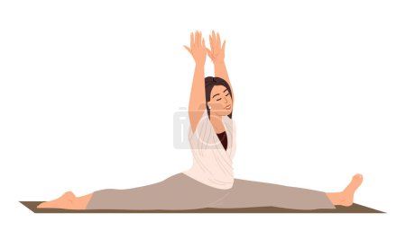Illustration for Young Female Character Stretching,do the leg-split, Realxing in Engage Yoga Practice Isolated.Woman in leg-split,Calmimg, Meditating,Practising Asana.Training Class.Cartoon People Vector Illustration - Royalty Free Image
