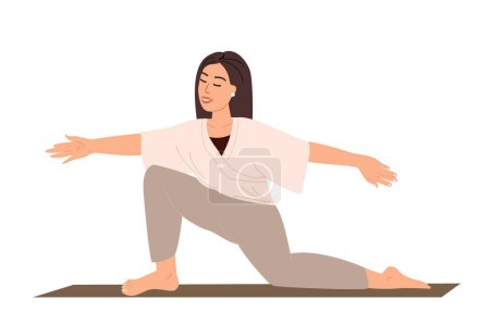 Illustration for Young female Character Stretching,standing on knee,Realxing in Engage Yoga Practice Isolated on white background.Female Calmimg,Meditating,Practising Asana.Training Class. People Vector Illustration - Royalty Free Image