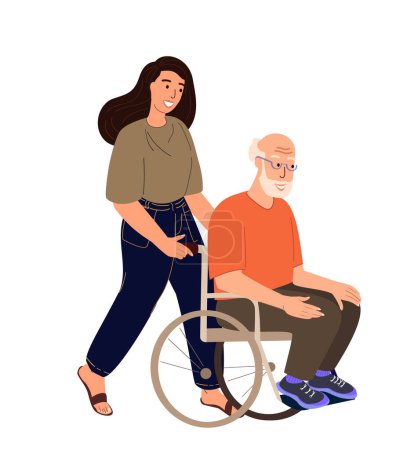 Illustration for Loving Adult Woman Daughter riding his old disabled granddad in the wheelchair holding,supporting him.Family support illustration.Adult Daughter care,helping to senior father.Flat vector Illustration - Royalty Free Image