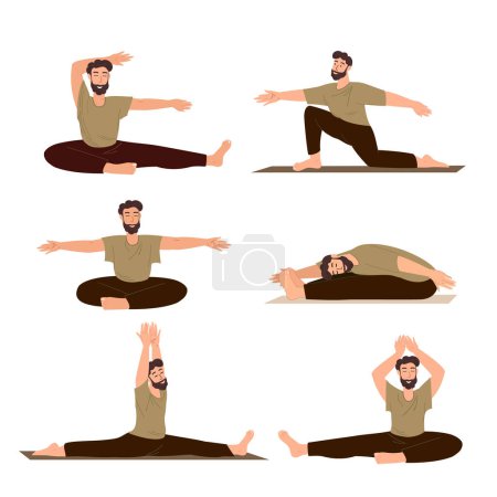 Illustration for Set of youga and stretching poses.Male Character do Sport and Stretching,Realxing in Engage Yoga Practice Isolated,white background.Man Calmimg,Practising Meditation.Training Class.Vector Illustration - Royalty Free Image