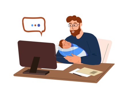 Illustration for Young Business man in maternity leave working online in laptop with newborn baby on hands.Father Freelancer Working Remotely at Home.Child Care Decree.Seminar Conference.Flat Vector Illustration - Royalty Free Image