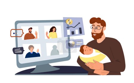 Illustration for Young Business man in maternity leave leading financial business videocall with colleagues in zoom.Father Freelancer with newborn,Working Remotely at Home.Child Care Decree.Seminar Conference.Vector - Royalty Free Image