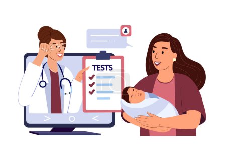 Illustration for Mother with newborn take Consultation of Pediatrician online.Video call with doctor.Caring Mother Dundle her Baby.Online Hospital.Conversation with Doctor.Home Medical Consultation.Vector Illustration - Royalty Free Image