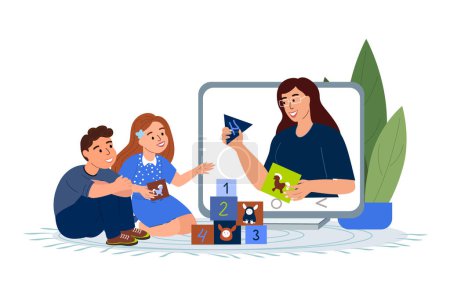 Illustration for Exited Kids of primary school in playing and learning process with online Babysitter.Children studying, entertaining online,listening lesson. Internet remote education teacher and nanny on zoom.Vector - Royalty Free Image