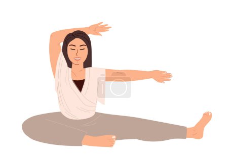 Illustration for Young Female Character Stretching,Realxing with Raised Hands.Relaxed Woman Engaging Yoga Practice Isolated, White Background.Woman Meditating,Practising.Pilates,Training Class.Flat Vector Illustration - Royalty Free Image