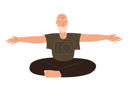 Illustration for Aged male Character do Sport,Stretching Hands,Realxing in Yoga Practice Isolated on white background.Retired Old Man do Sports,flexible body and elastic muscles.Training Class.Flat Vector Illustration - Royalty Free Image