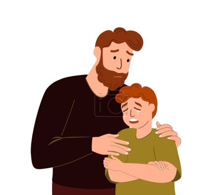 Illustration for Father supporting his crying son,care concept.Dad comforting depressed,sad boy.Supportive empathic parent helping his teenager child in difficulty.Flat vector illustration isolated on white background - Royalty Free Image