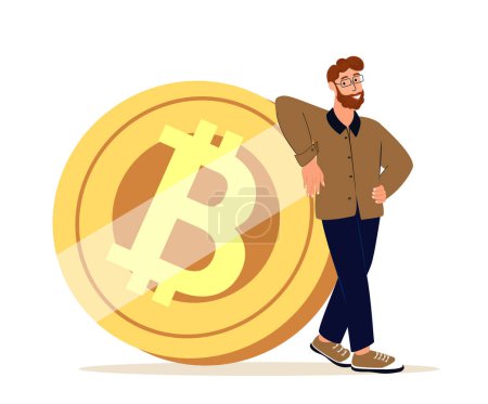 Illustration for Young Confident Cryptobroker Trader Relying on Huge Bitcoin,Bitcoin Symbolizing Success,Financial Achievement.A Decentralized Digital Currency,Gaining Control Over Financial Transactions.Flat Vector - Royalty Free Image