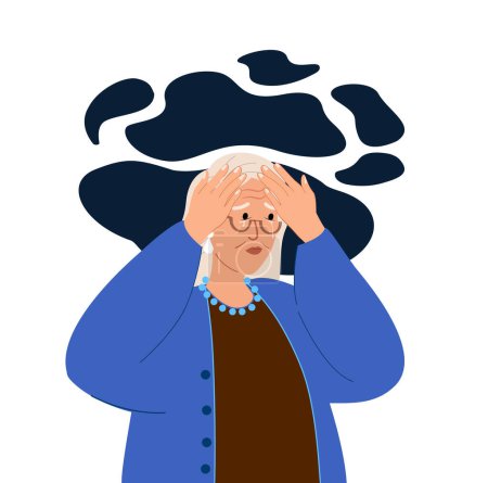 Illustration for Worried Elderly Woman with headache or Dementia.Forgetful Senior Character with Amnesia,Alzheimer Disease.Confused Grandmother,Forget,Try Remember.Troubled Worried Old Retired.Flat Vector Illustration - Royalty Free Image