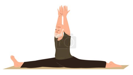 Illustration for Aged Male Character Stretching,do the leg-split,Realxing in Engage Yoga Practice Isolated.Elderly Man with flexible body and elastic muscles.Leg-split,Calmimg, Meditating.Flat Vector Illustration - Royalty Free Image