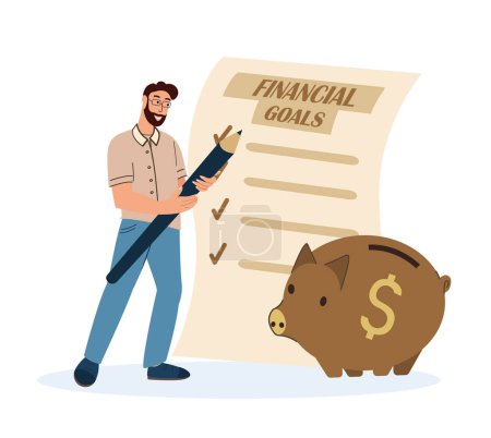 Illustration for Confident Smiling Man Writing financial goals on Huge Paper List.Financial Prosperity Concept,Money Box Deductions,Money Savings,Wealthy Stable Life.Flat Vector Illustration isolated,white background - Royalty Free Image