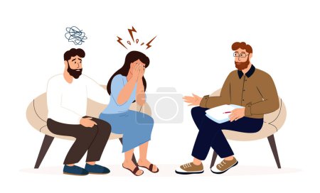 Illustration for Psychotherapy Session,Psychiatrist Consultation.Worried Sad Dissapointed Couple,Man and Woman on a Psychological Session.Difficult Relationships. Family Crisis Treatment.Psychology Vector Illustration - Royalty Free Image