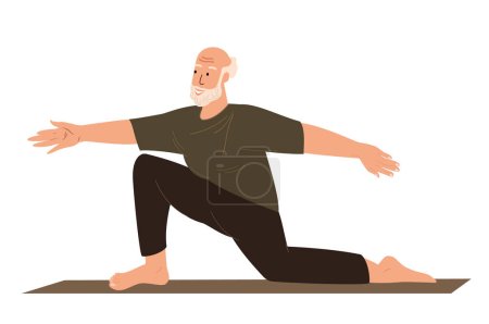 Illustration for Aged Retired Man Stretching,balancing,standing on knee,Realxing in Engage Yoga Practice Isolated,white background.Old Man Calmimg,Meditating do Sports,Training Class.Elderly People Vector Illustration - Royalty Free Image