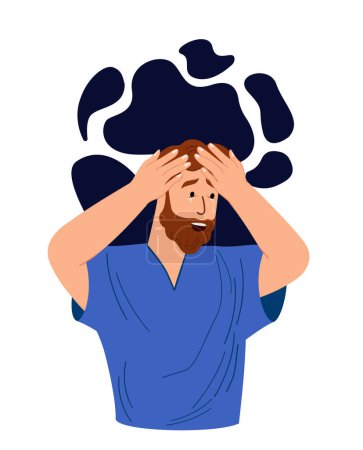 Illustration for Intrusive thoughts,unwanted unpleasant ideas in mind.Psychology concept.Stressed,Anxious Man suffering from hradache,obsession,anxiety,worrying,concerning.Flat vector illustration, white background - Royalty Free Image