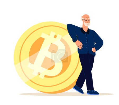 Illustration for Old Retired Man Standing relying on Huge Bitcoin Sign,Bitcoin Symbolizing Success And Financial Achievement.A Decentralized Digital Crypto Currency,Man Gaining Control Over Financial Transactions - Royalty Free Image
