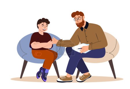 Illustration for Child psychotherapist supporting , comforting Crying boy sitting the session with a psychologist.Difficult teenager crisis,psychological trauma,children problems.Mental health.Flat vector illustration - Royalty Free Image