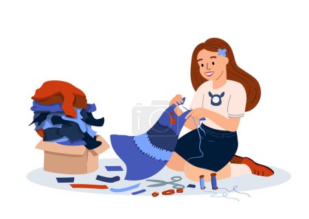 Illustration for Girl creating new dress from old Clothes.Reused,Utilized Outworn Clothes,Upcycling concept.Reuse Textile Materials.Ecology Support. Environment Friendly.Recycle,Reutilization.Flat Vector illustration - Royalty Free Image