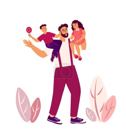 Illustration for Father and Children,Son and Daughter together.Happy father Daddy having fun with Boy and Girl.Family Loving,Warm relationships.Man support, protect his Children.Flat vector isolated illustration - Royalty Free Image