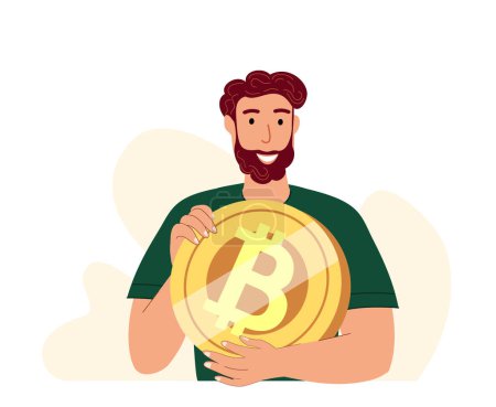Téléchargez les illustrations : Homme confiant Cryptobroker Trader détenant Bitcoin d'or, Bitcoin symbolisant le succès, réalisation financière.Une monnaie numérique décentralisée, gagner le contrôle sur les transactions financières.Vecteur plat - en licence libre de droit