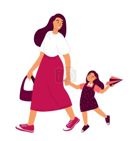 Illustration for Mother and Daughter spend time together.Happy Mom walking with her Child.Happy Parenting.Family Loving, Warm relationships,Girl trust her Mommy.Woman support her Kid.Flat vector isolated illustration - Royalty Free Image