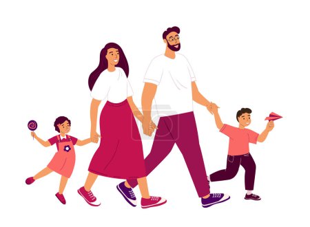 Illustration for Happy family walking together.Mother,Father and Children, Daughter and Son spend time together.Family Loving and Warm relationships.Parents support their Children.Flat vector isolated illustration - Royalty Free Image