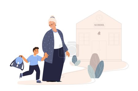 Illustration for Back to School.Grandmother , Grandson going to the 1st school day.Granny Supporting her Kid Boy.Happy Primary Pupil schoolchild with schoolbag.Family Flat vector illustration isolated,white background - Royalty Free Image