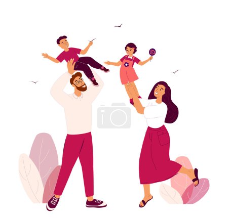 Illustration for Happy family spending time outdoor together.Mother,Father and Children, Daughter and Son.Loving Family and Warm relationships.Parents support their Children Kids.Flat vector isolated illustration - Royalty Free Image