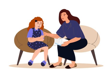 Illustration for Child psychotherapist supporting,comforting Crying girl sitting the session with a psychologist.Difficult teenager crisis,psychological trauma,children problems.Mental health.Flat vector illustration - Royalty Free Image