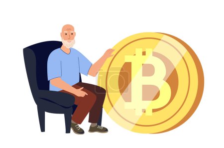 Photo for Old Retired Confident Man Sitting near the Huge Bitcoin Sign,Bitcoin Symbolizing Success And Financial Achievement.A Decentralized Digital Crypto Currency,Gaining Control Over Financial Transactions - Royalty Free Image