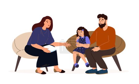 Illustration for Crying girl child sitting near father on the session with a psychologist.Difficult Daughter teenager,psychological trauma,children,parents.Mental health,Psychological trauma.Flat vector illustration - Royalty Free Image