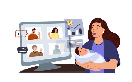 Illustration for Young Business woman in maternity leave leading financial business videocall with colleagues in zoom.Mother Freelancer with newborn,Working Remotely at Home.Child Care Decree.Seminar Conference.Vector - Royalty Free Image