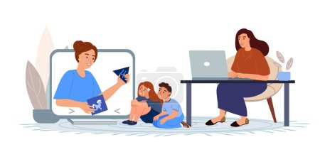 Illustration for Young Business woman working.Online Babysitter playing with kids.Mother Freelancer Working Remotely on Laptop at Home.Business woman in Child Care Decree.Mom on Seminar Conference.Vector Illustration - Royalty Free Image